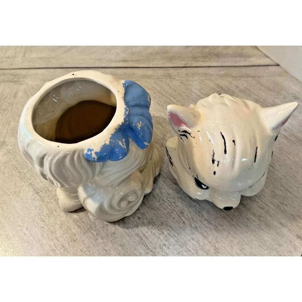 Vintage American Bisque Fluffy Cat Cookie Jar Blue Bow 1940s 1950s Pottery USA